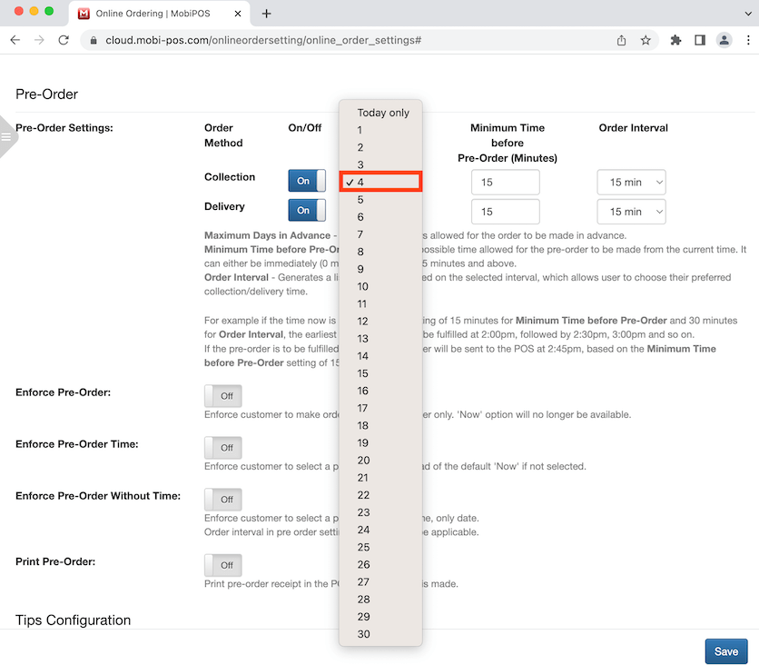 mobipos select maximum days in advance