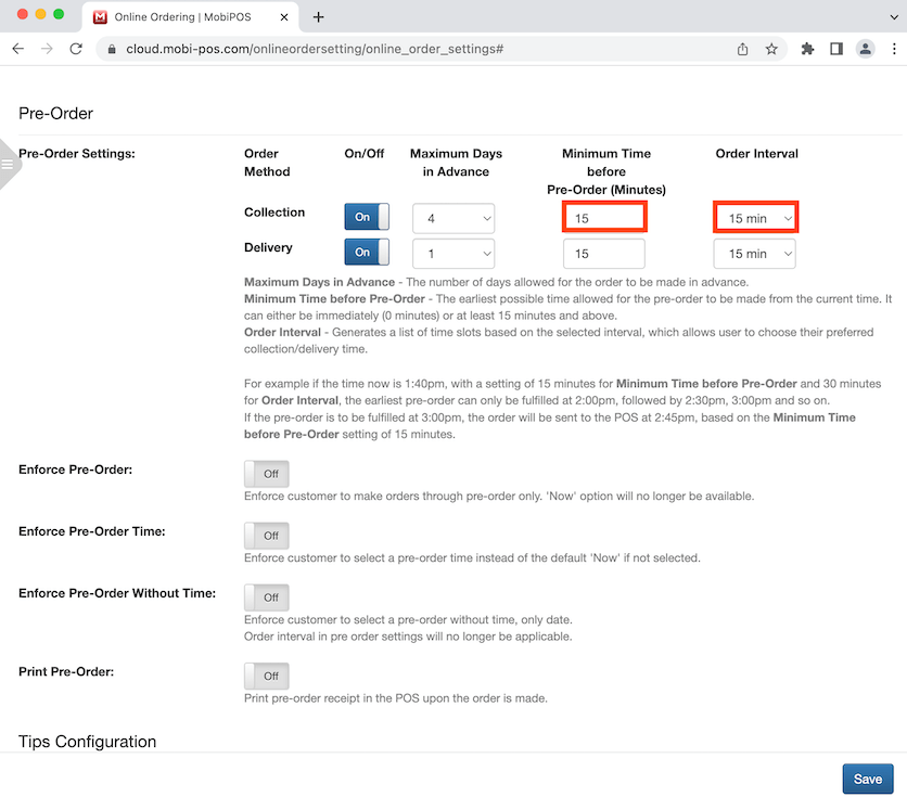 mobipos minimum time before pre order