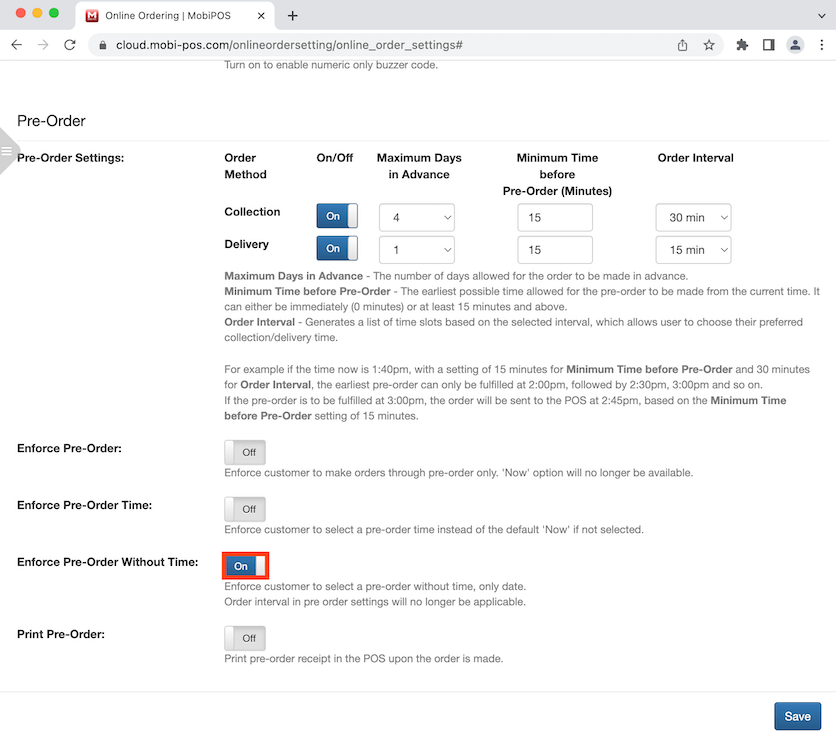 mobipos enforce pre order without time