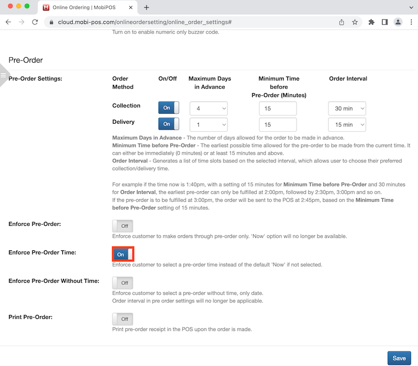 mobipos enforced pre order time
