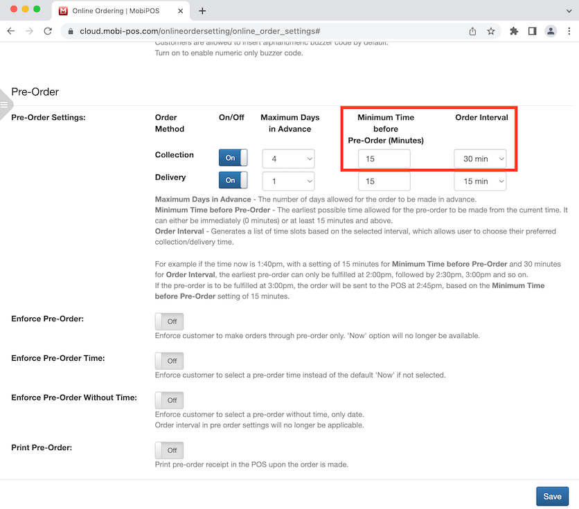 mobipos pre order settings example