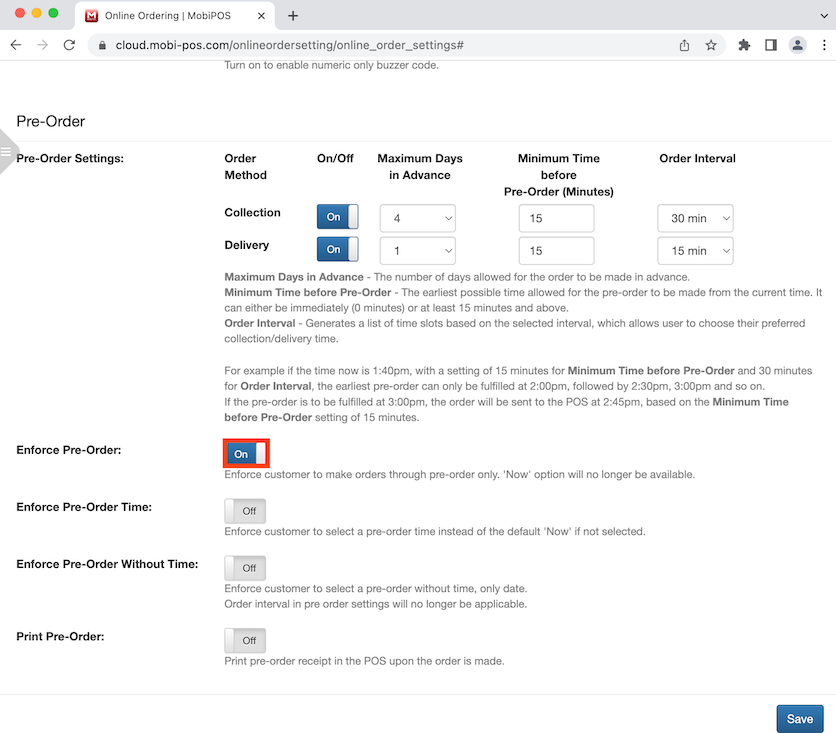 mobipos online ordering enforce pre order