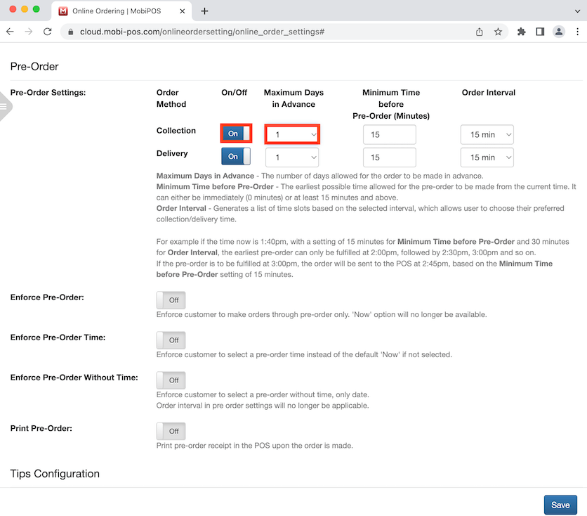 mobipos online ordering pre order settings