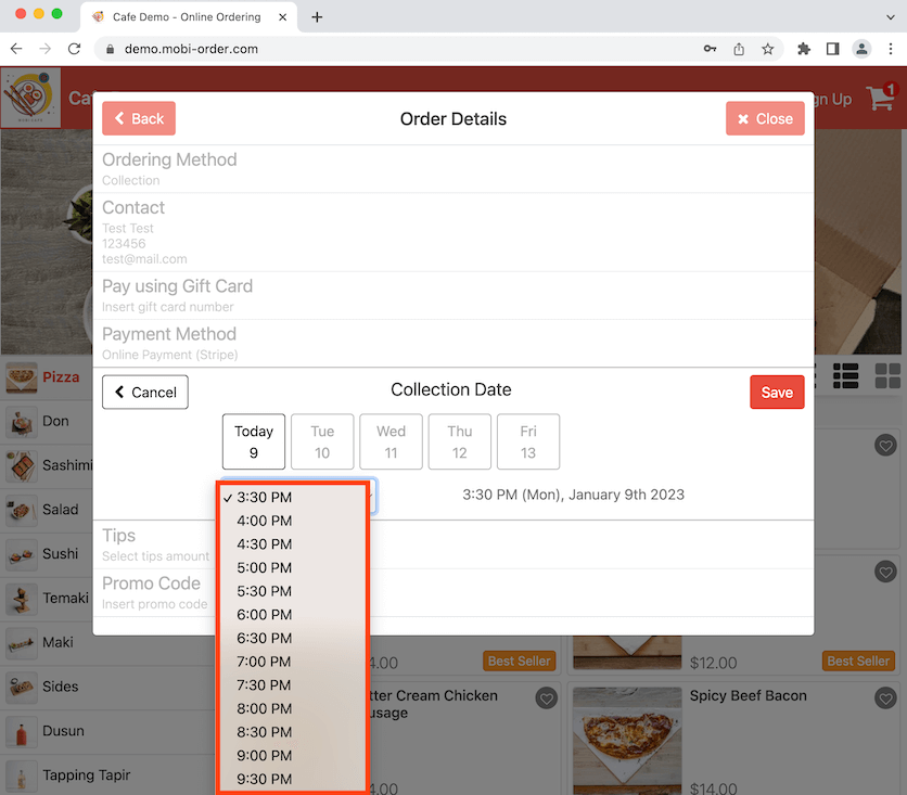 mobipos collection date and time only