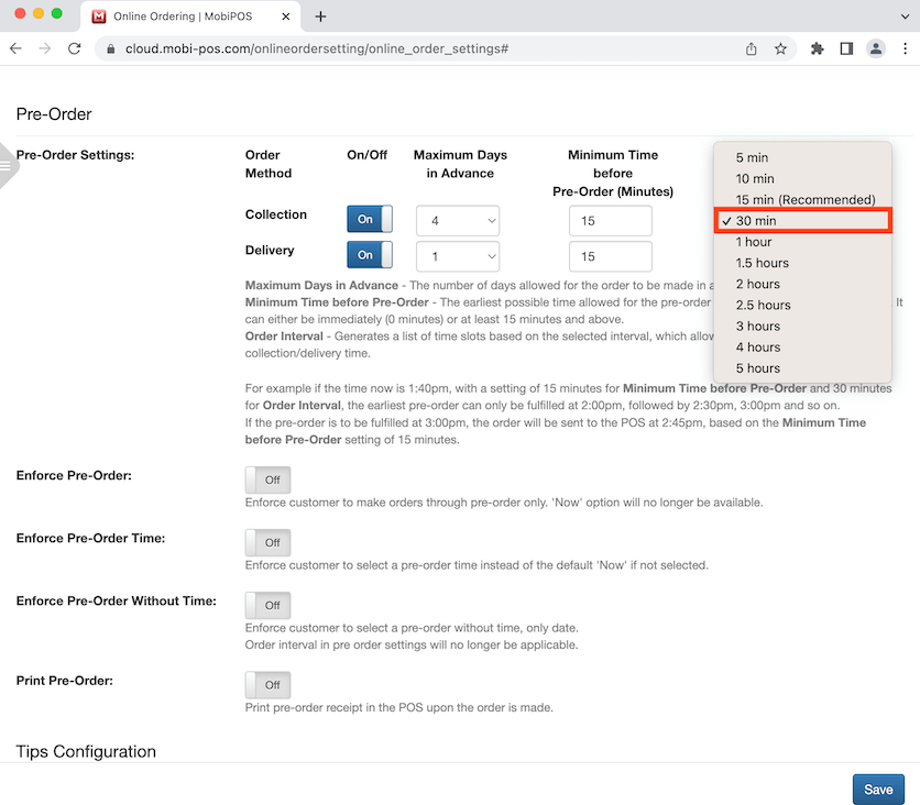 mobipos 30 min order interval