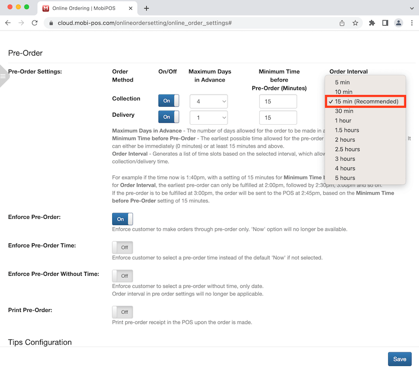 mobipos 15 min order interval