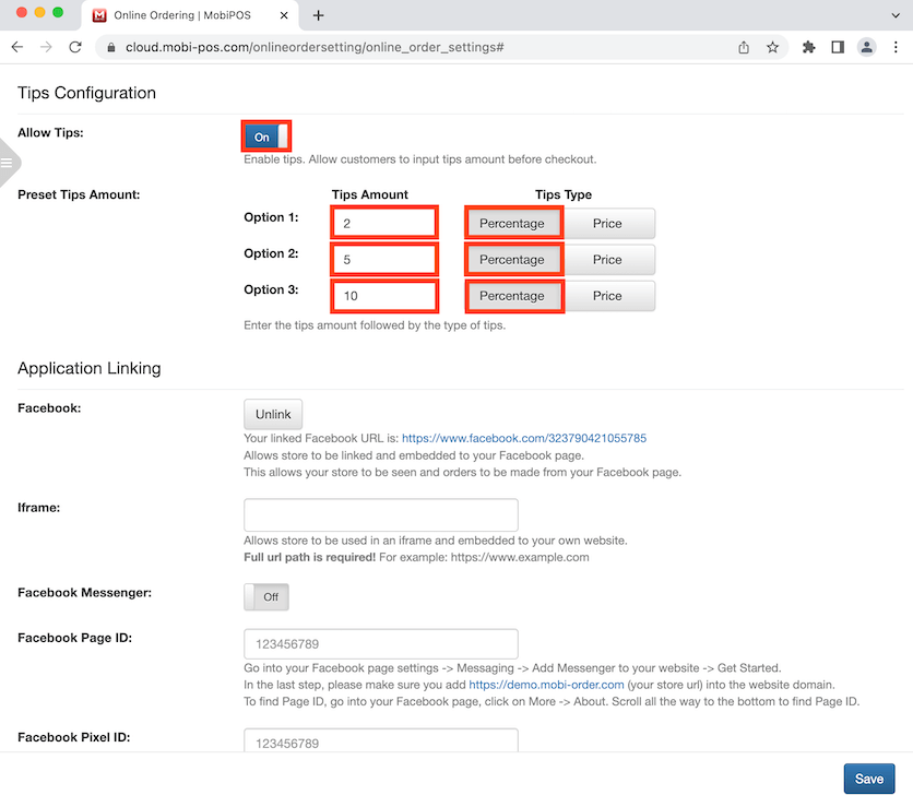 mobipos online ordering tips configuration