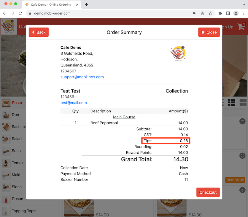 mobipos tips shown in bill