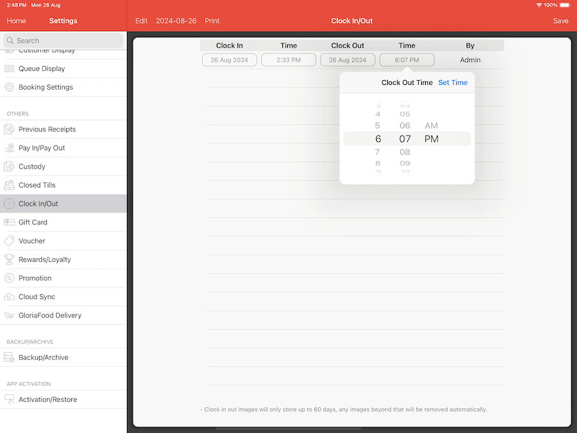 pos system clock in clock out edit