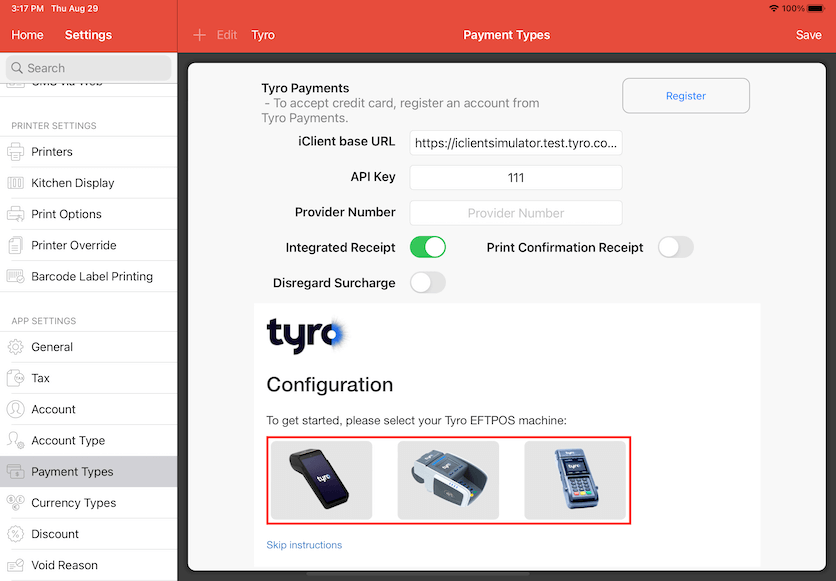 pos system tyro choose terminal device