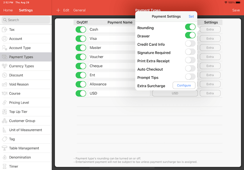 pos system payment settings