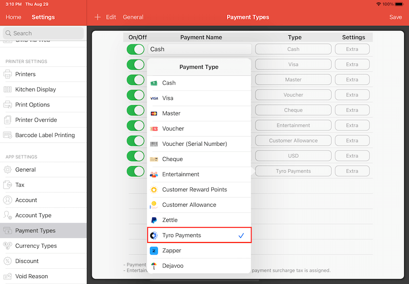 pos system tyro payment type