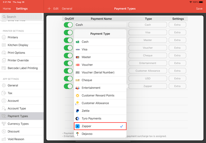 pos system zapper payment type