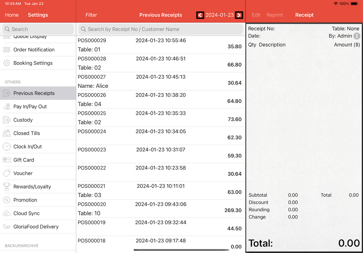 mobipos previous receipts search by date