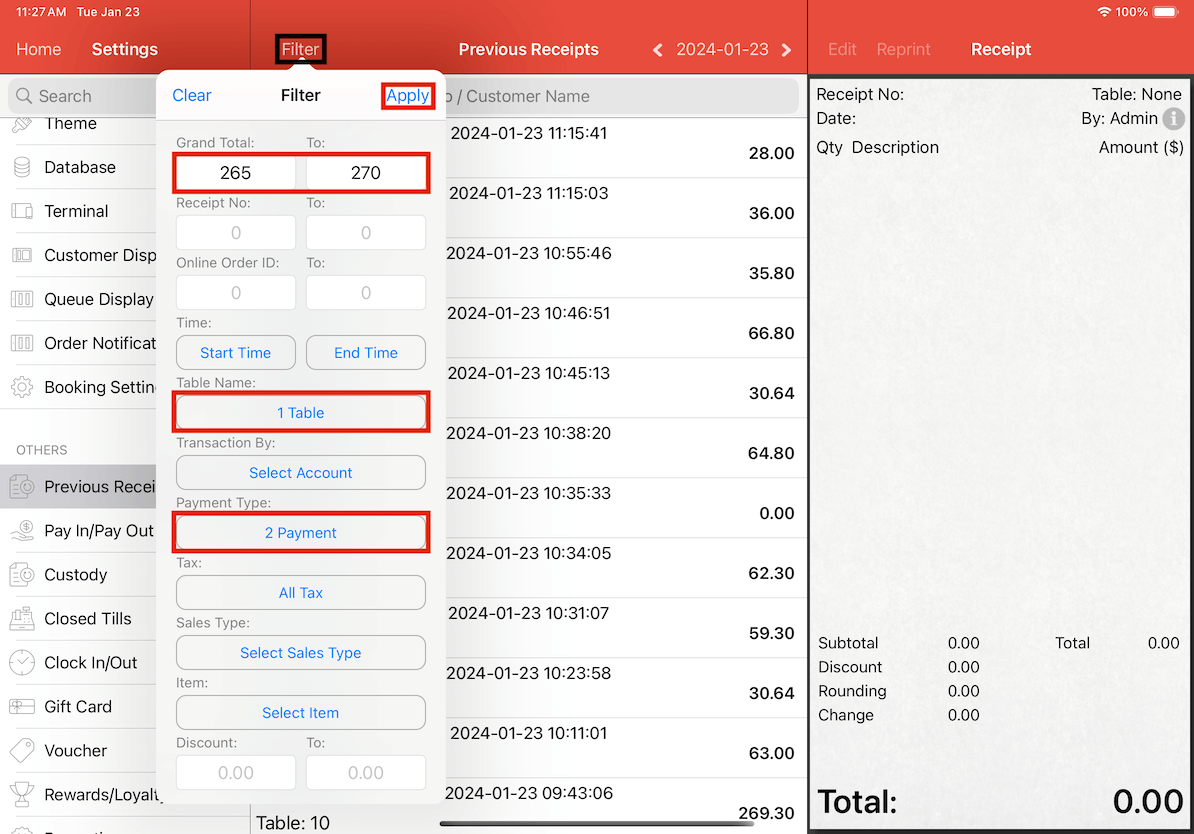 mobipos previous receipts example 2 filters