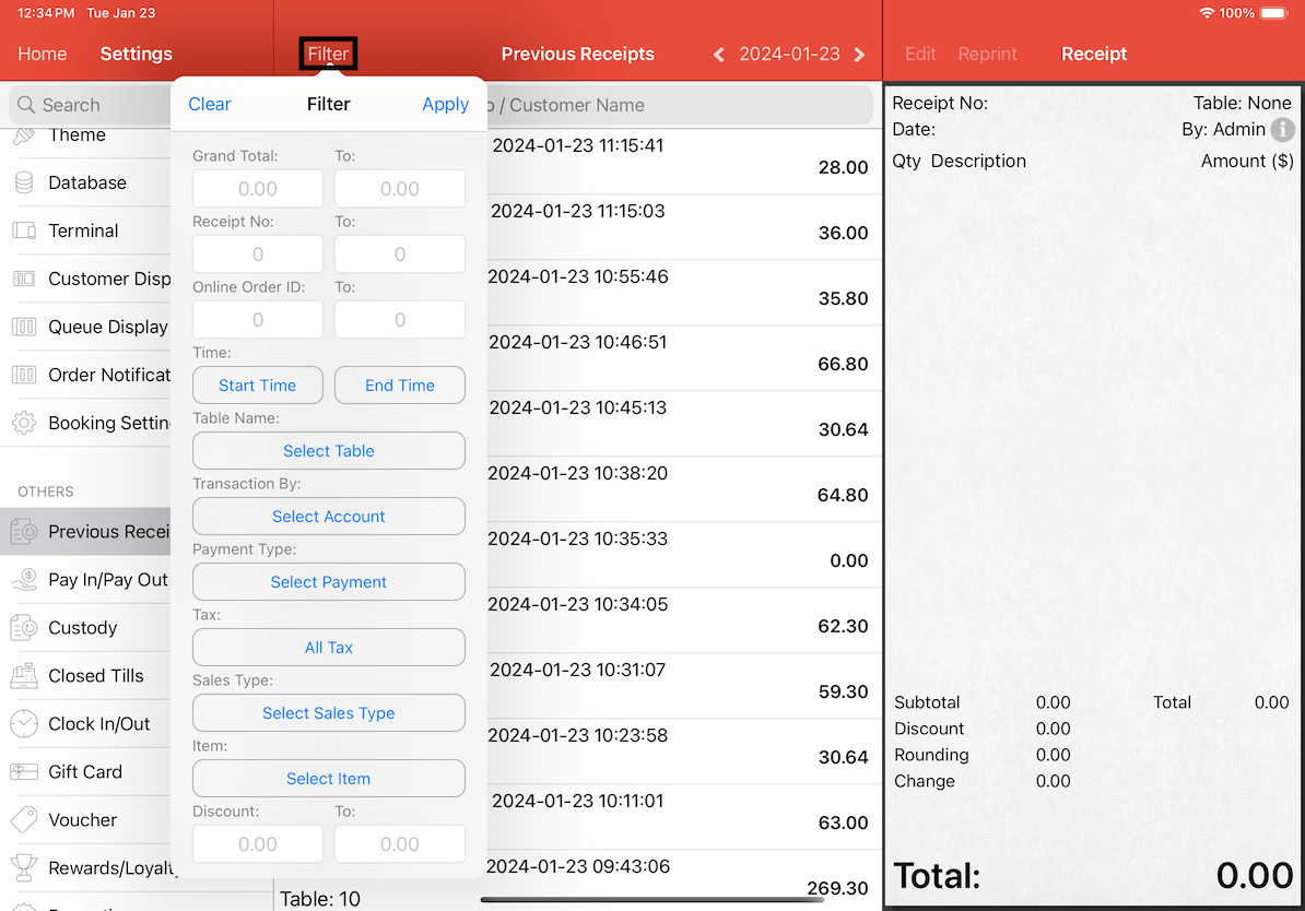 mobipos previous receipts filters