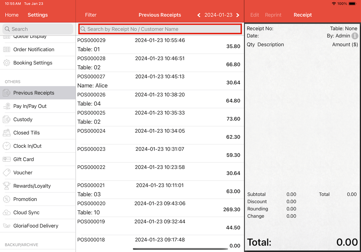 mobipos previous receipts search bar