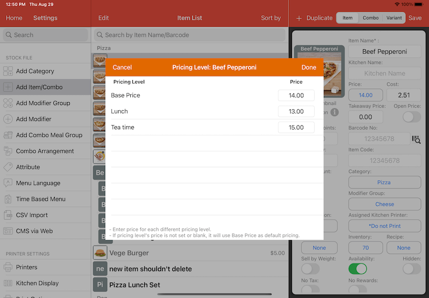 pos system item pricing level