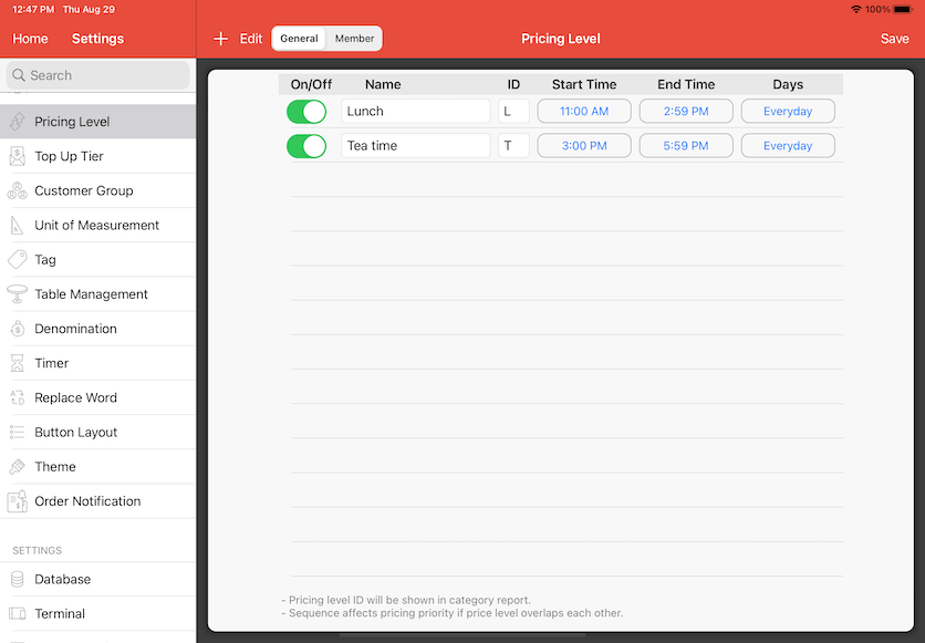 pos system pricing level settings