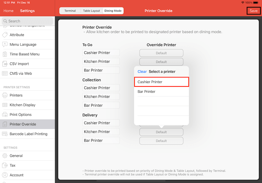 mobipos printer override dining model