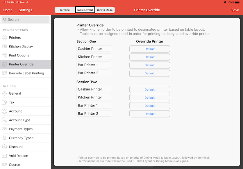 mobipos printer override table layout