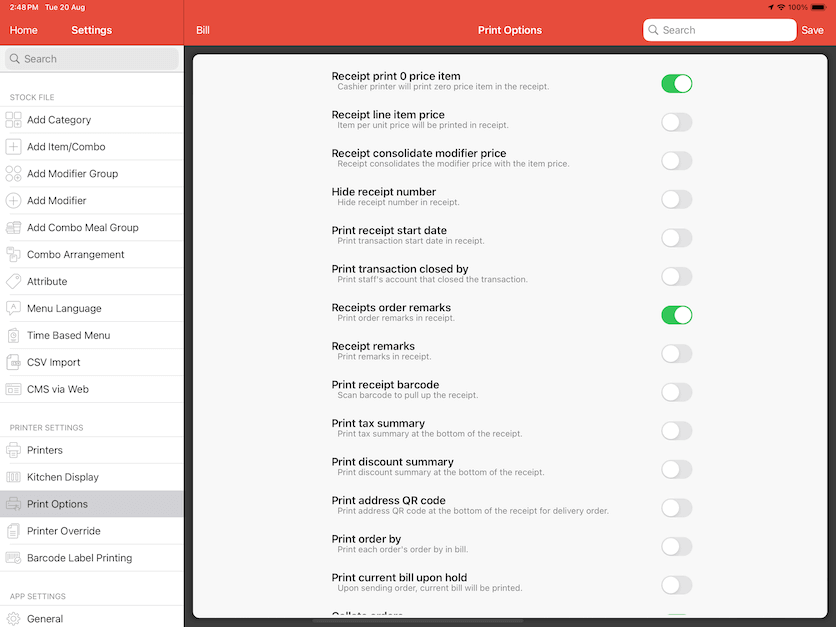 mobipos print options bill one