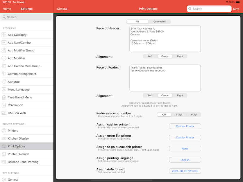 mobipos print options general one