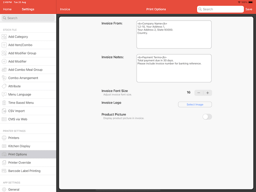 mobipos print options invoice