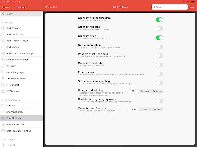 mobipos print options order list