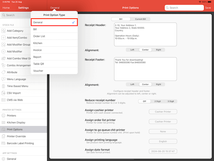 mobipos print options type select