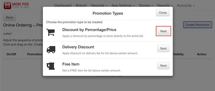 mobipos online ordering promotion type