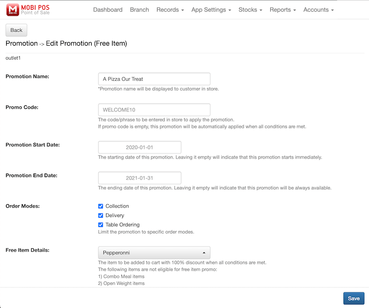 mobipos online ordering free item configuration1