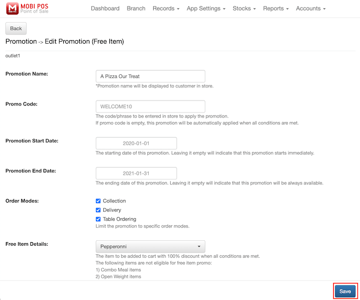 mobipos online ordering free item configuration2