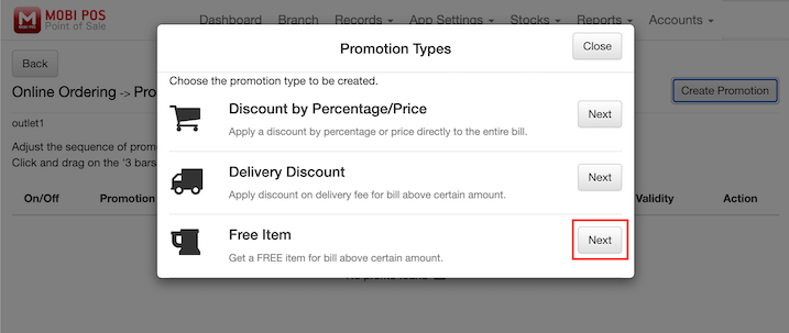 mobipos online ordering promotion type