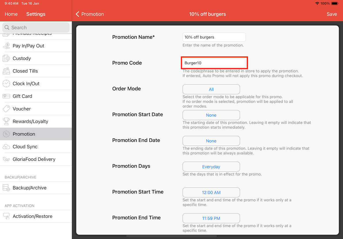 mobipos promo code settings