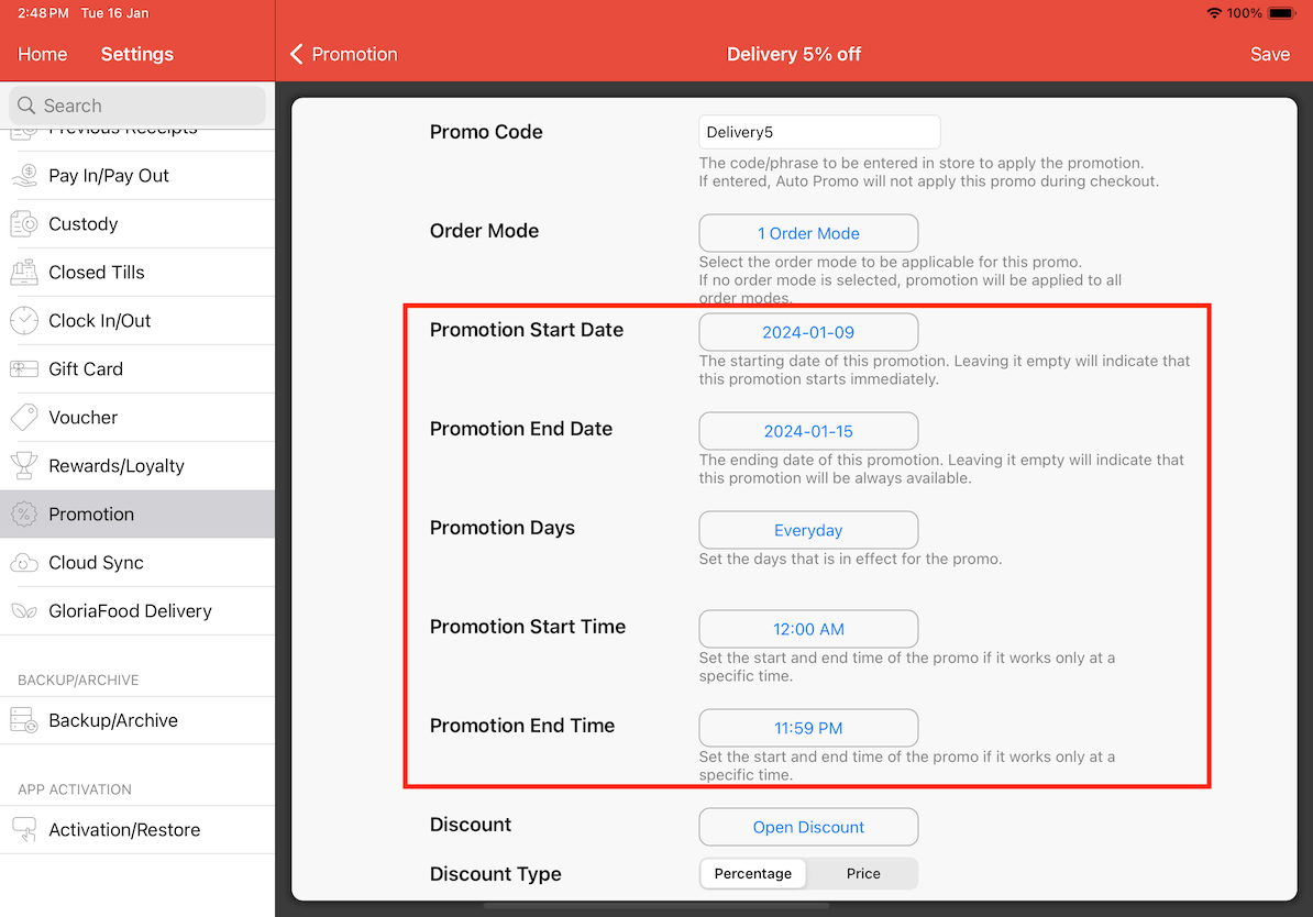 mobipos promotion date days time settings