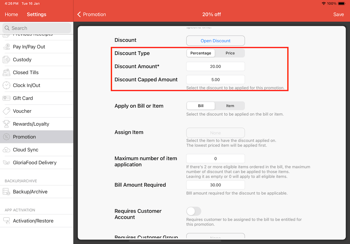 mobipos promotion discount settings