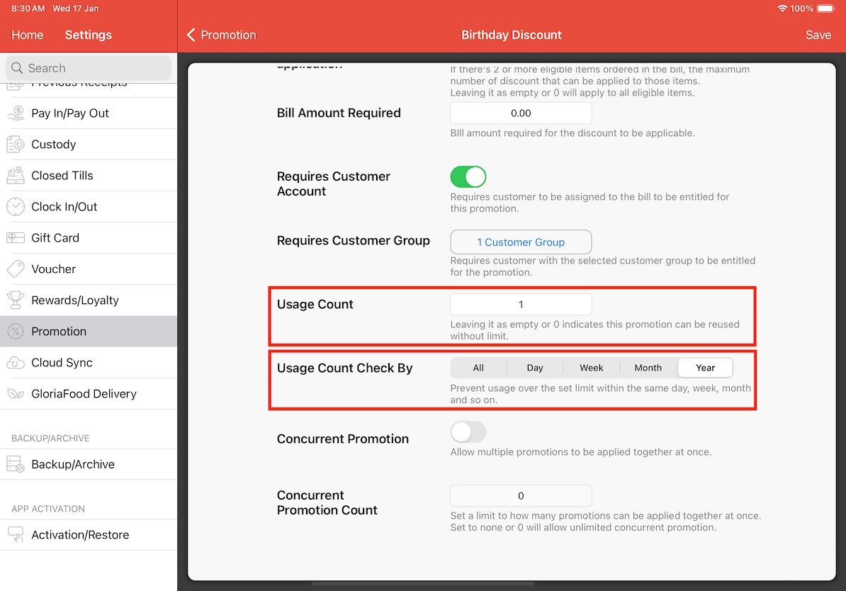 mobipos usage count settings