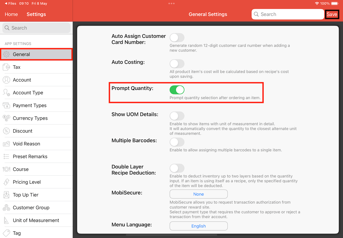 prompt quantity button