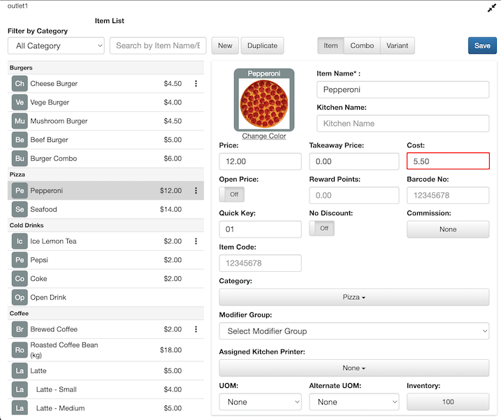 mobipos item pepperoni page