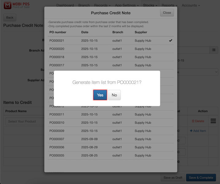 mobipos link purchase credit note confirmation