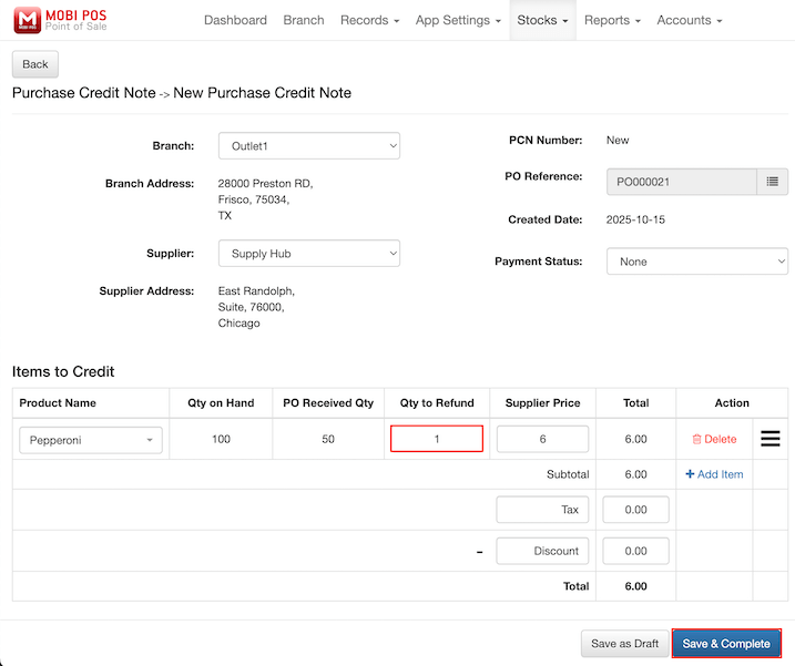mobipos pcn quantity to refund