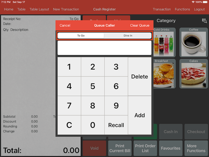 mobipos queue caller with to go and dine in