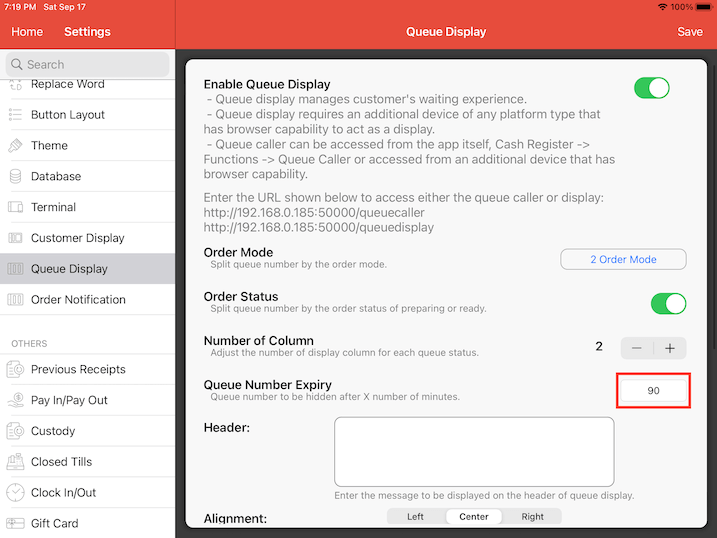 mobipos queue display expiring queue minutes settings