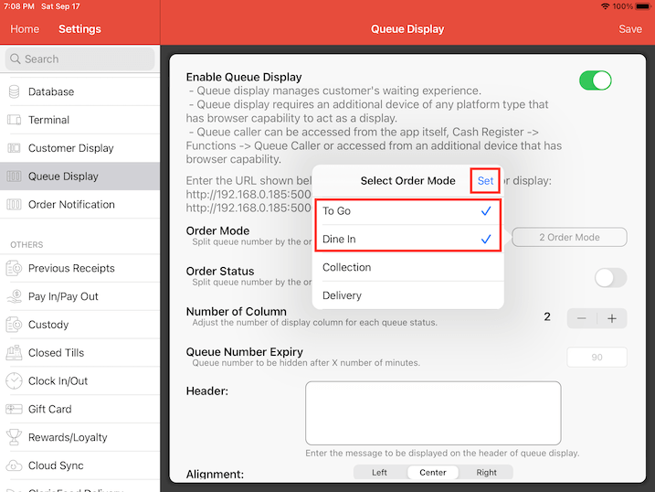 mobipos queue display order mode settings