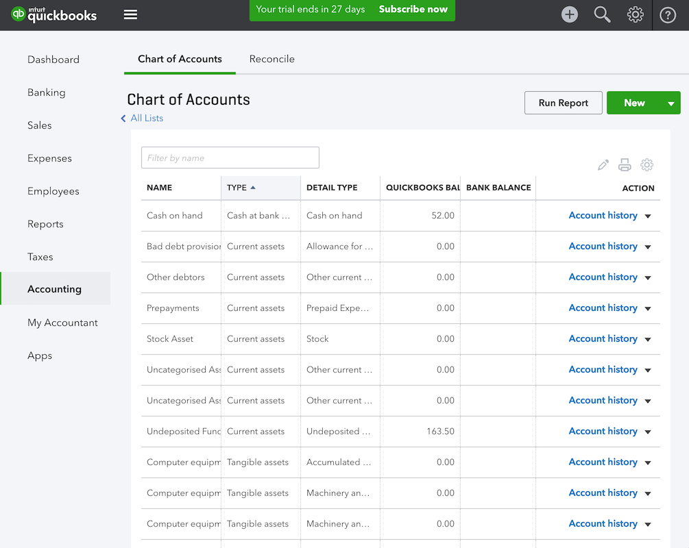 pos system QuickBooks chart of accounts settings