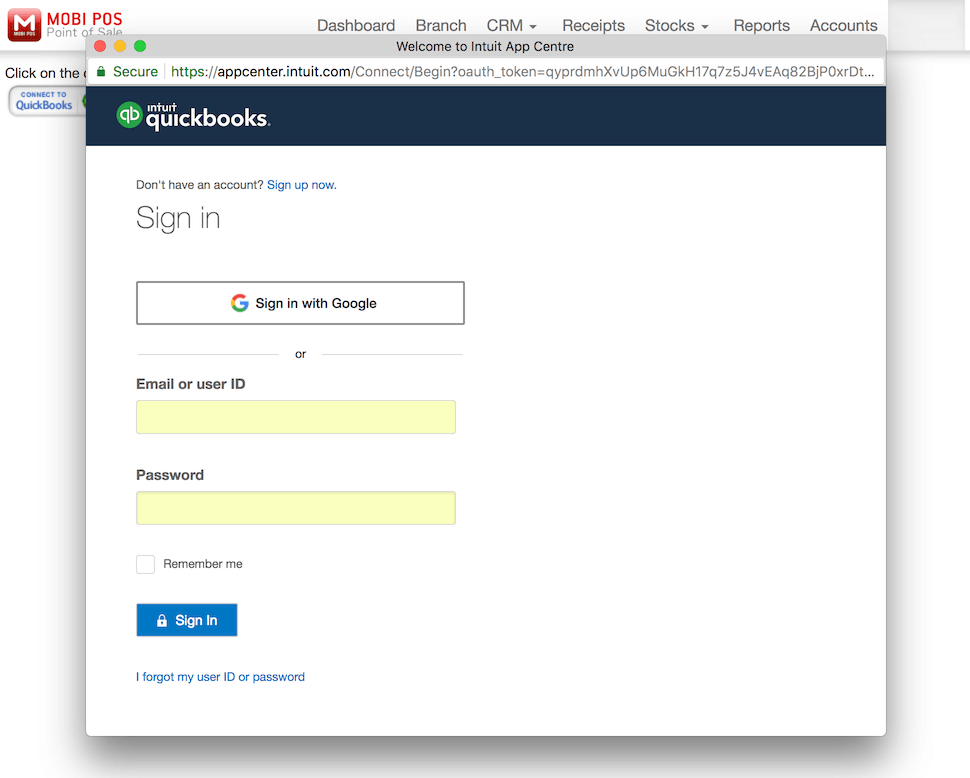 pos system QuickBooks login integration settings