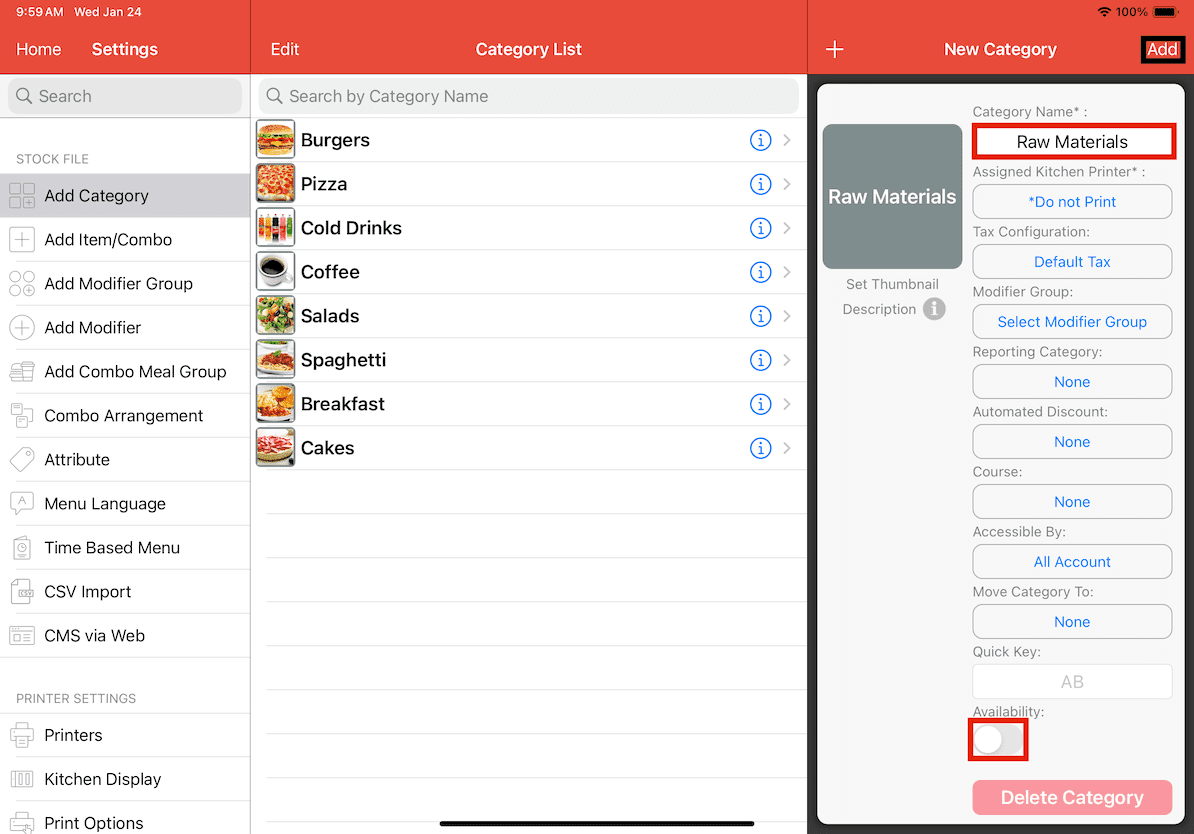 mobipos raw materials add category details