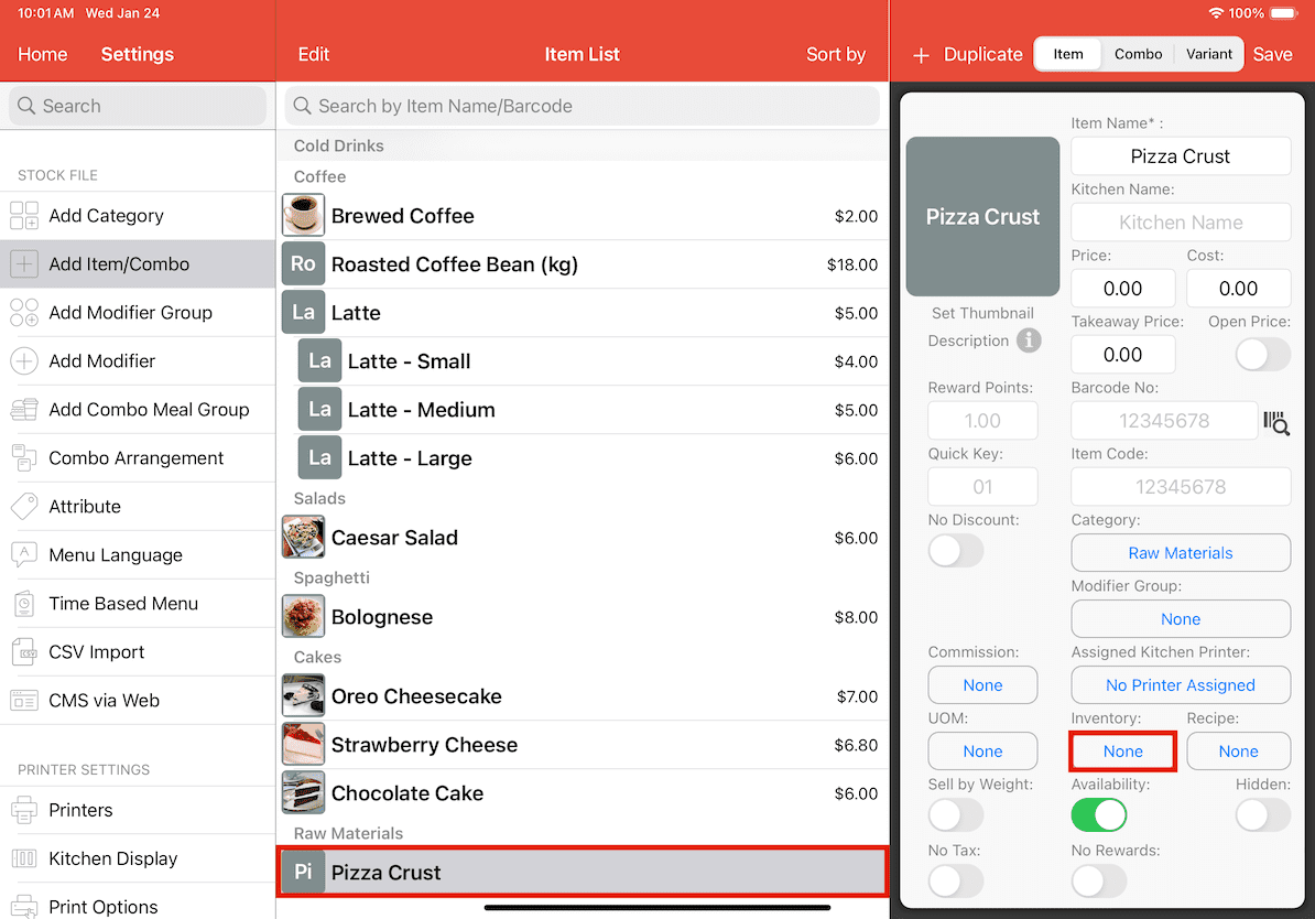 mobipos raw materials item added