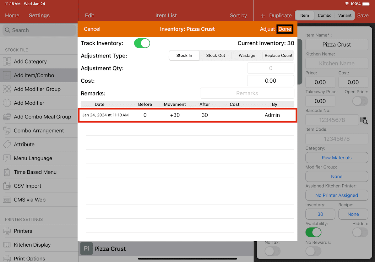 mobipos raw materials item inventory details added